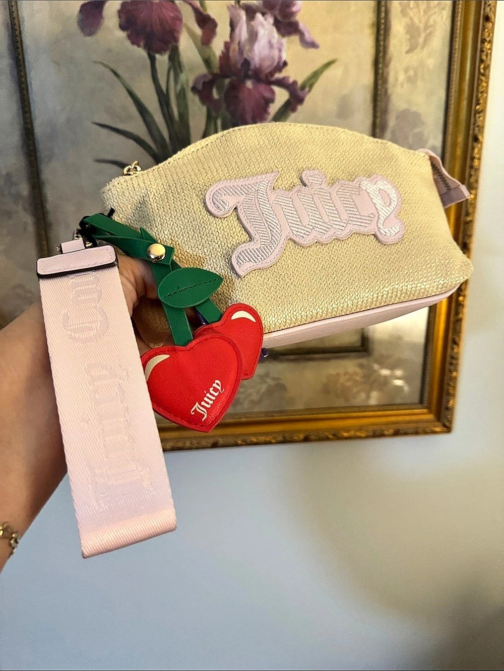 Juicy Couture Cherry Charm wristlet Case Cream Pink Cherry Cosmetic Case NWT